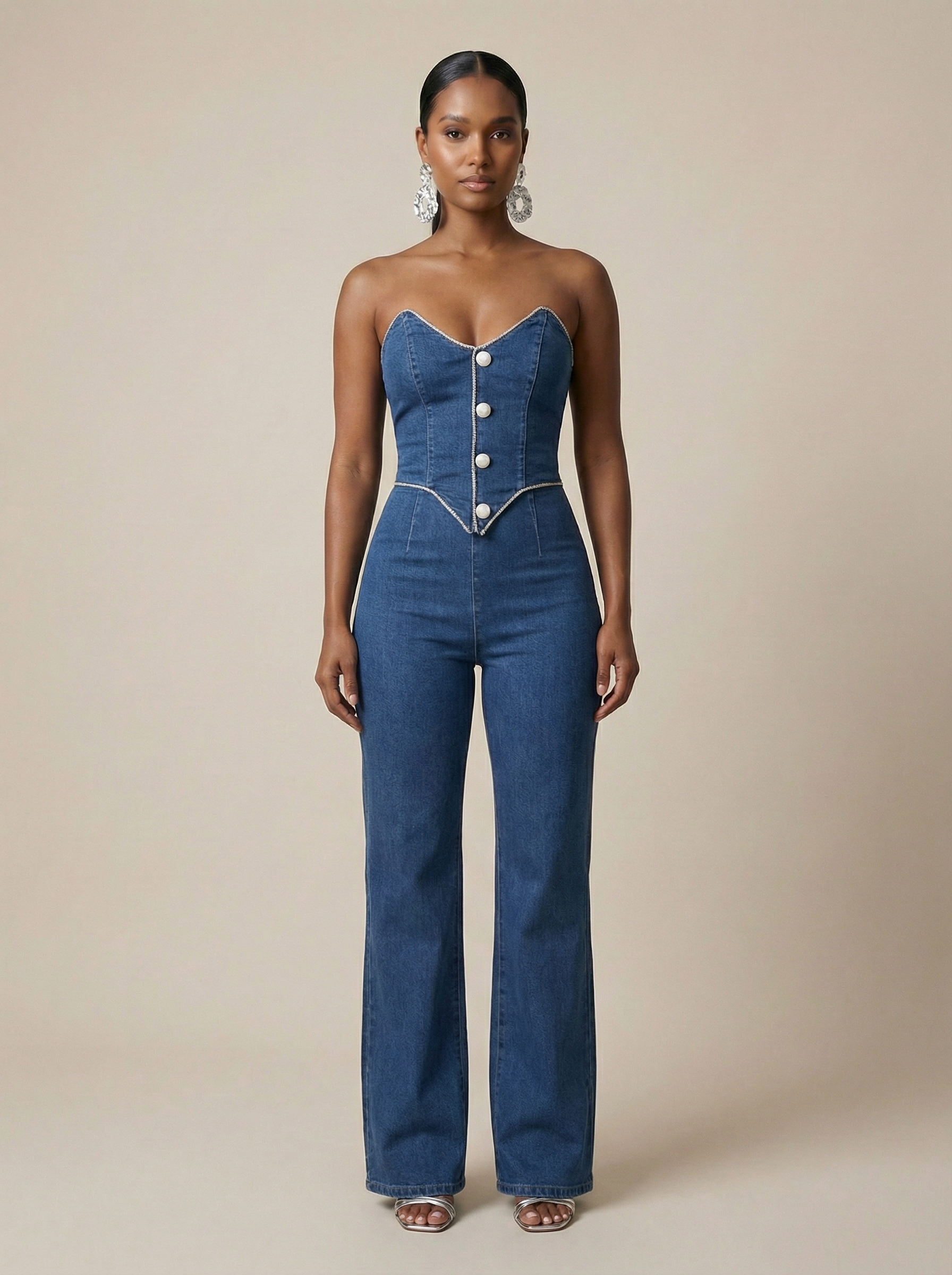 Diamond Trim Denim Jumpsuit