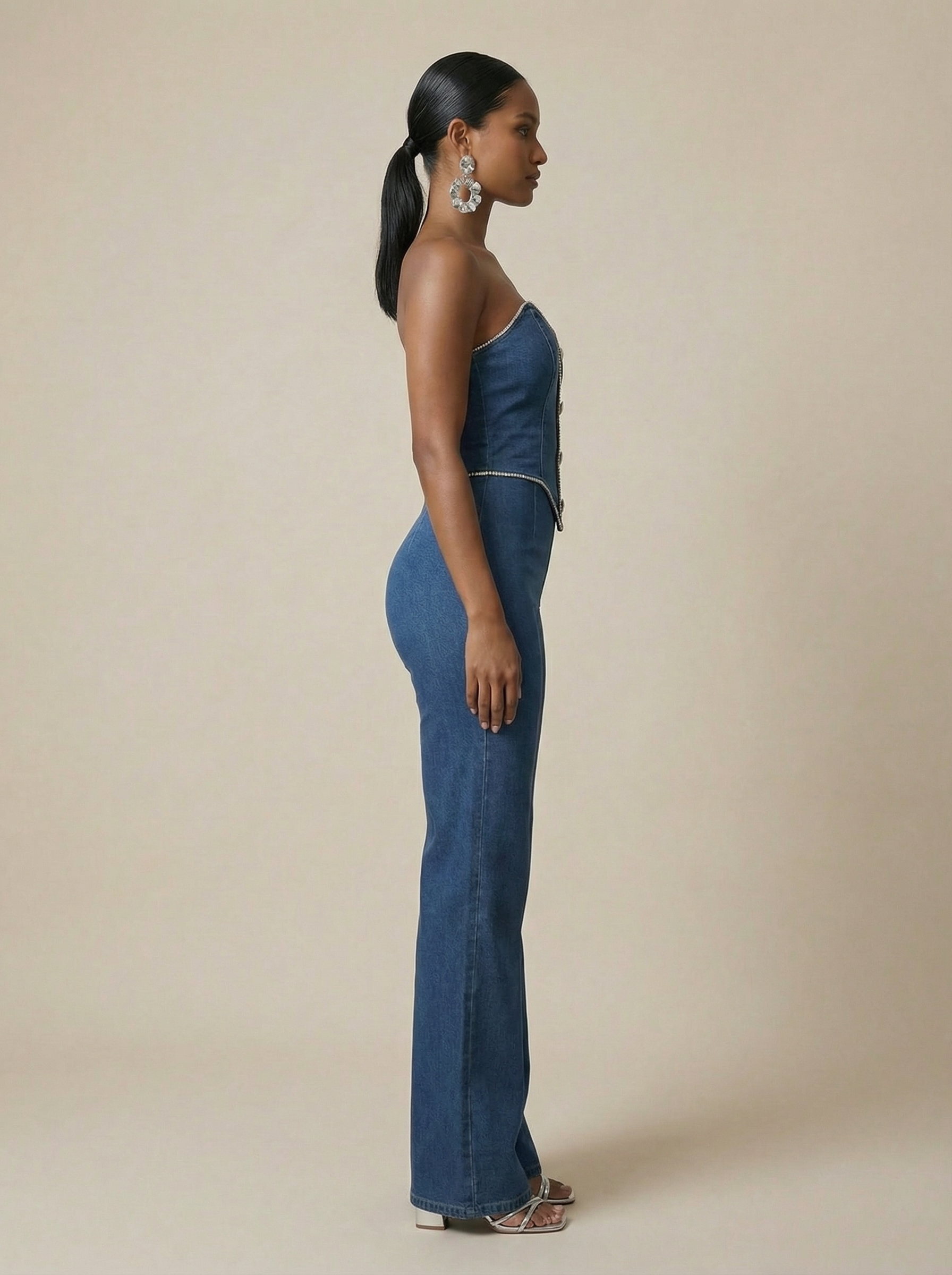 Diamond Trim Denim Jumpsuit