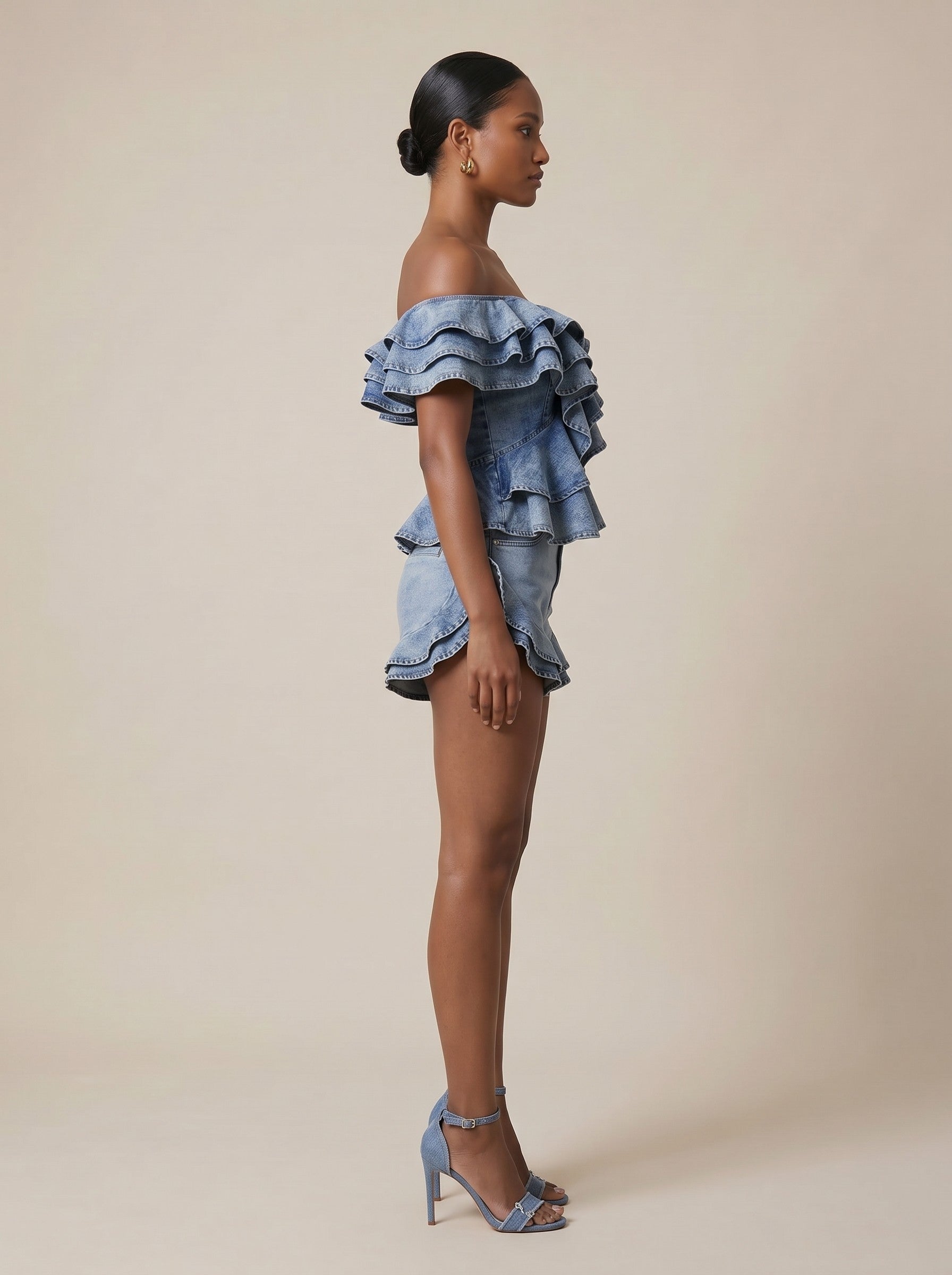 Denim Ruffle Off the Shoulder Top